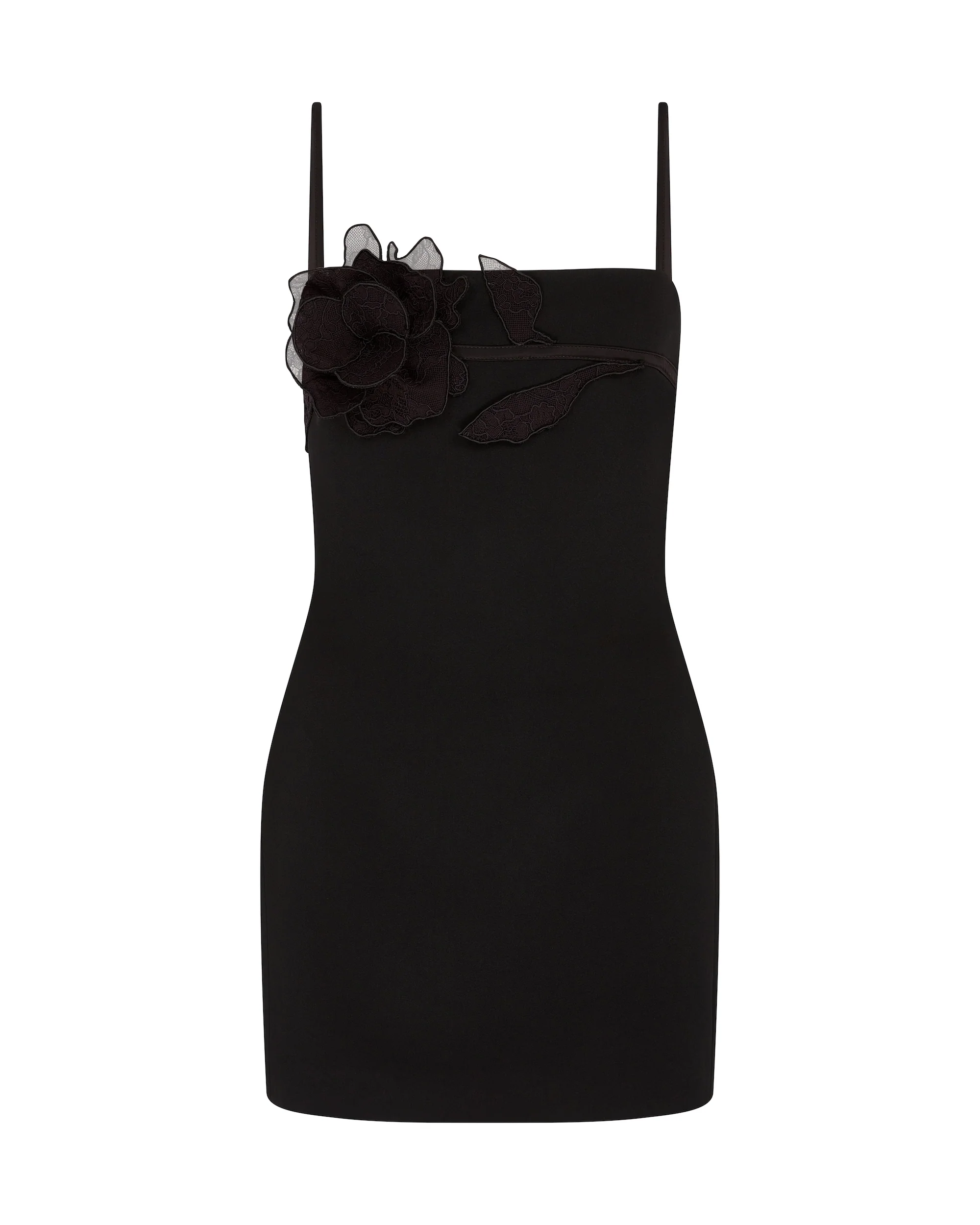 LACE ROSE STRAPPY MINI DRESS IN BLACK