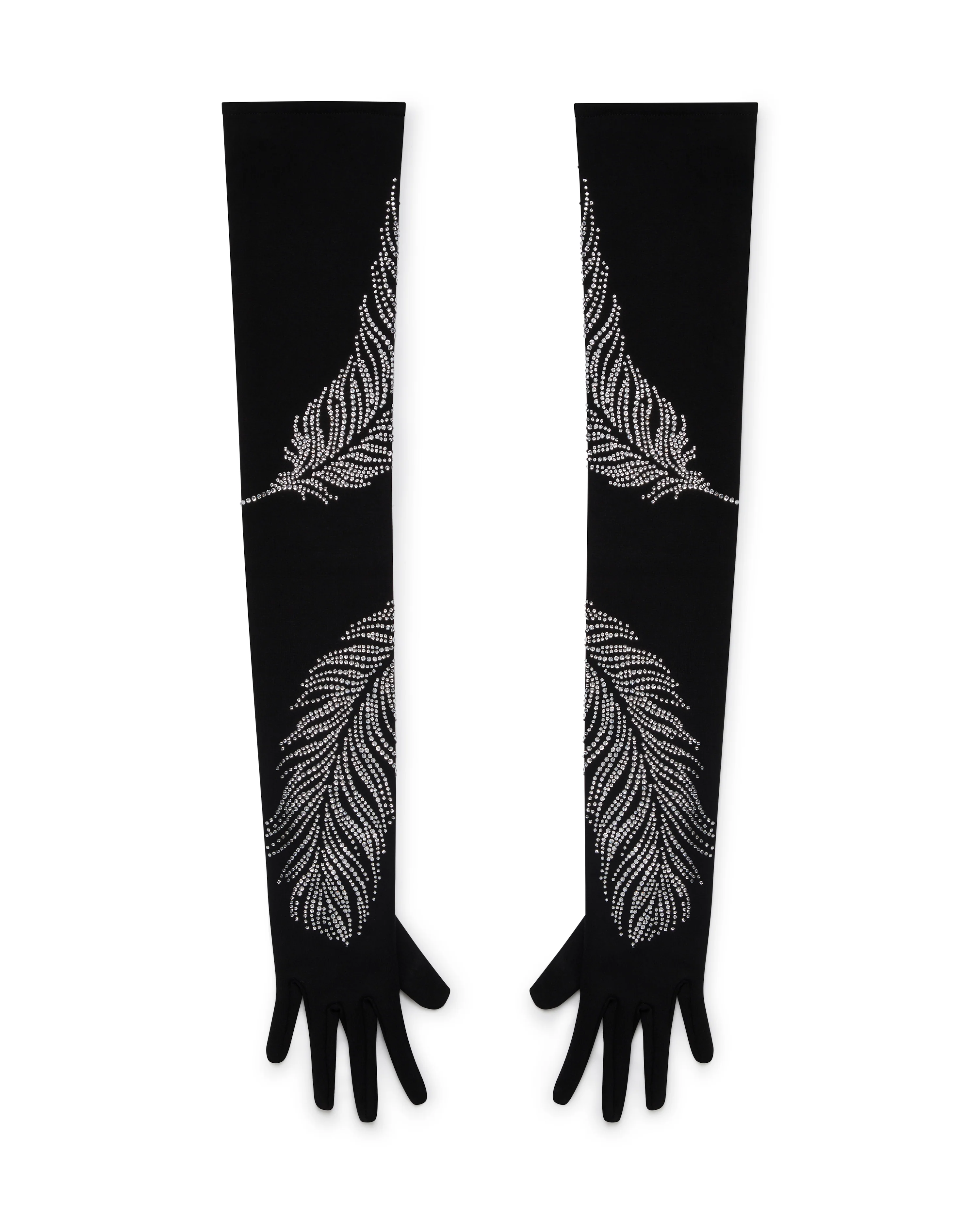 LONG CRYSTAL FEATHER GLOVES IN BLACK