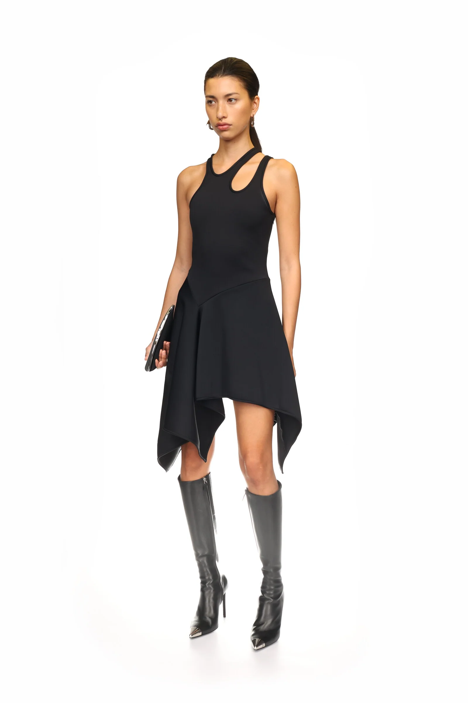 BLACK ASYMMETRIC CUT-OUT MINI DRESS - Image 3