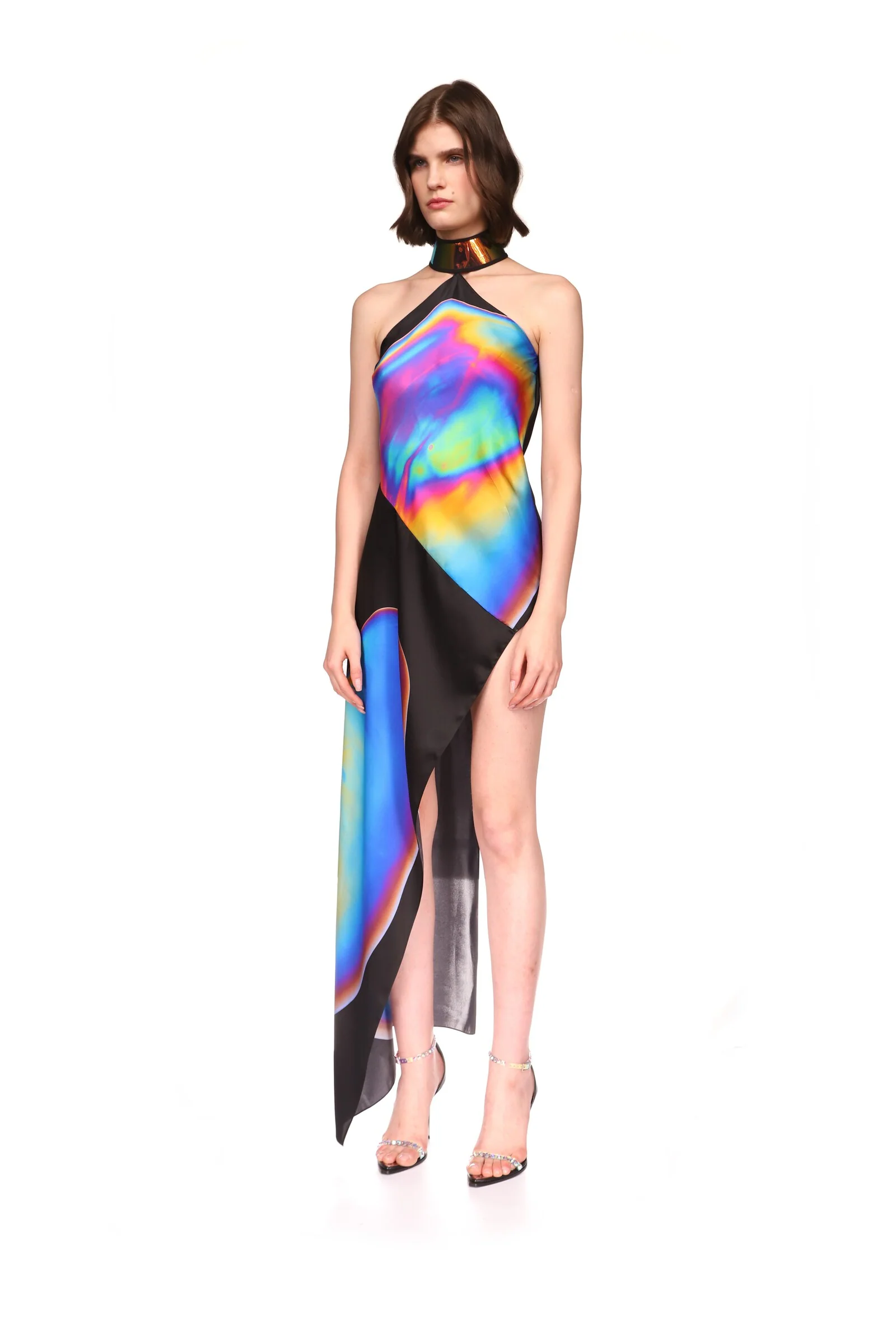 OIL STAIN PRINT HALTER NECK ASYMMETRIC SILK DRESS - Image 3