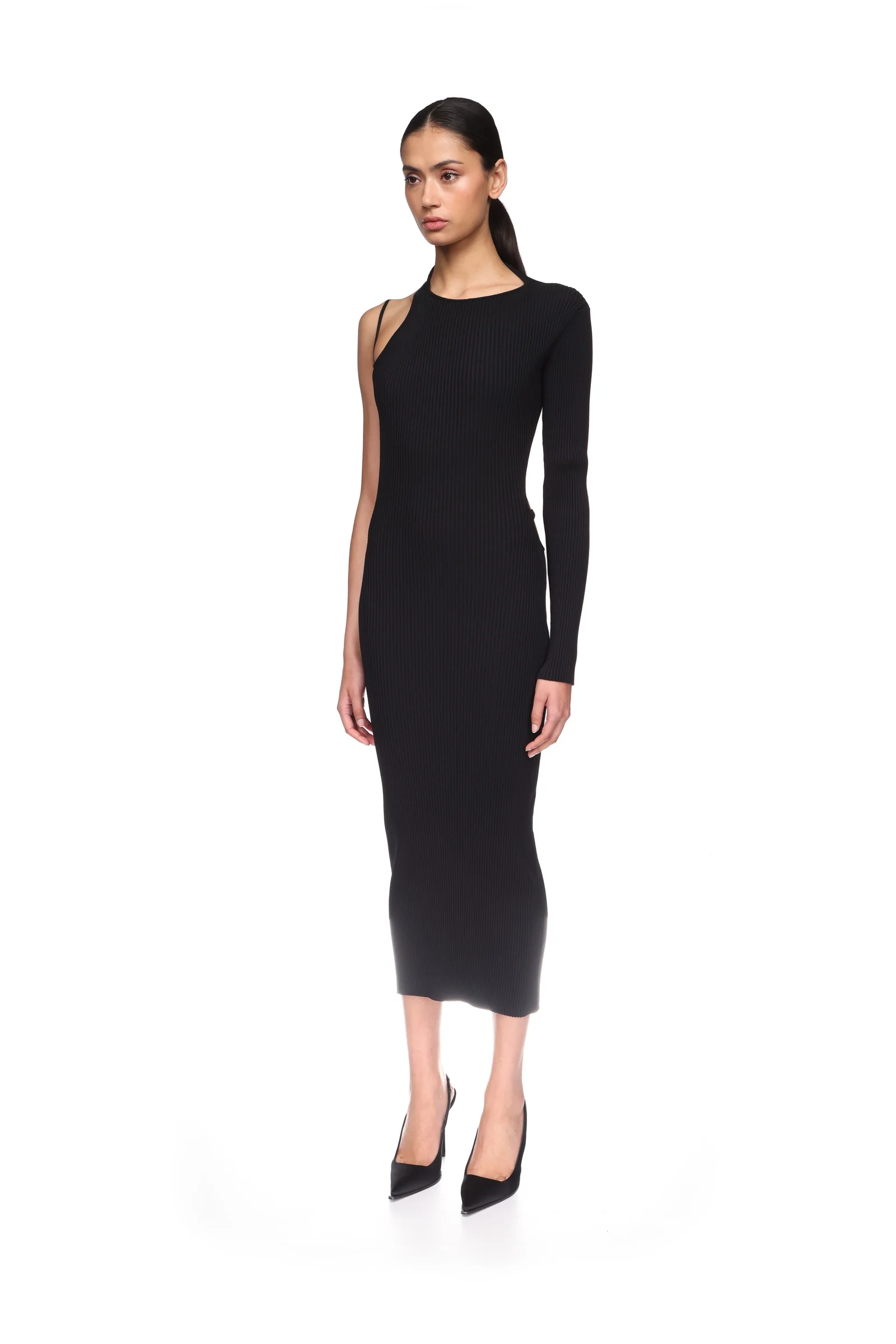 OPEN BACK ONE SLEEVE MIDI KNIT DRESS - Image 3
