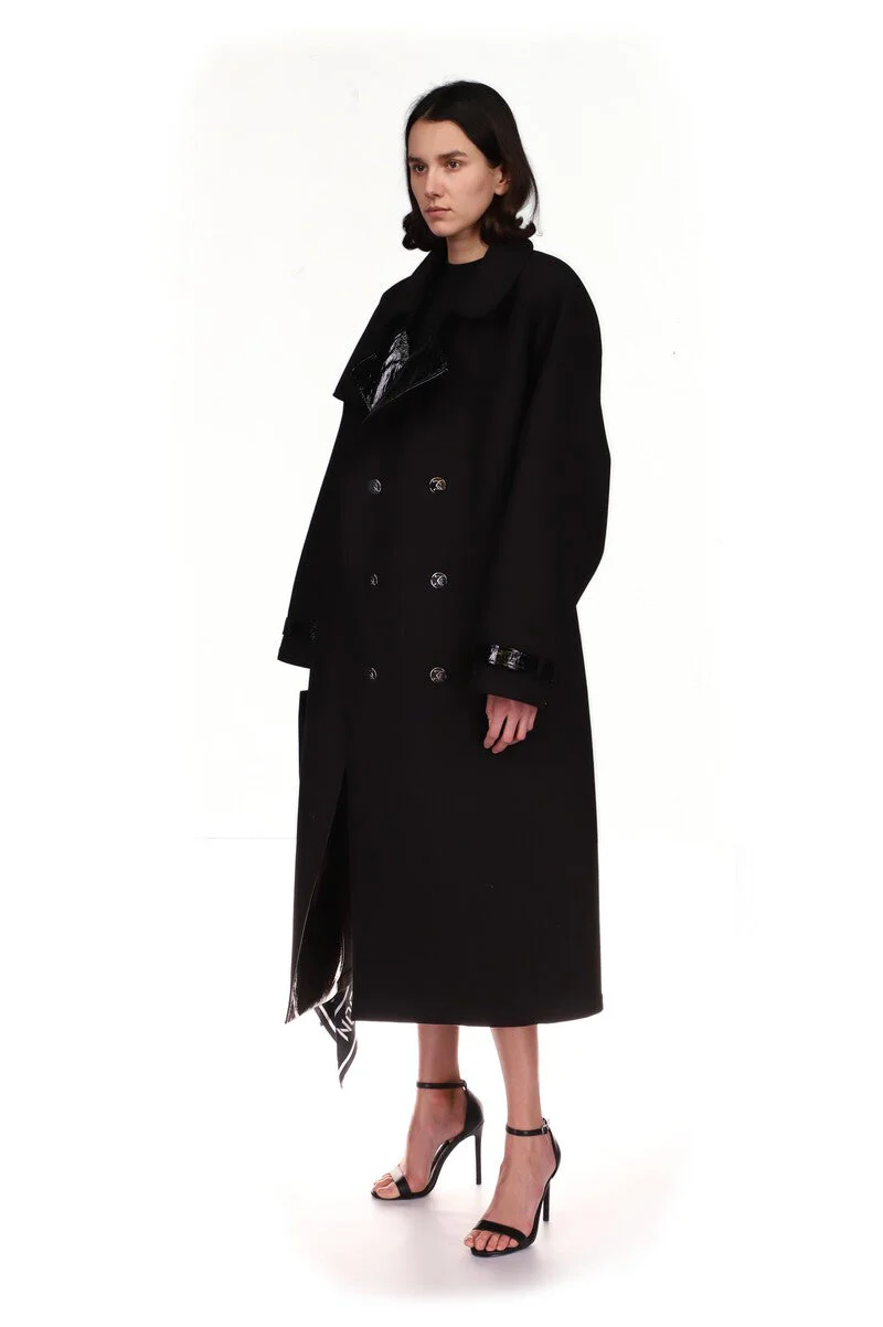 OXA DK Buttons Patent Leather Lapel Trench Coat - Image 3