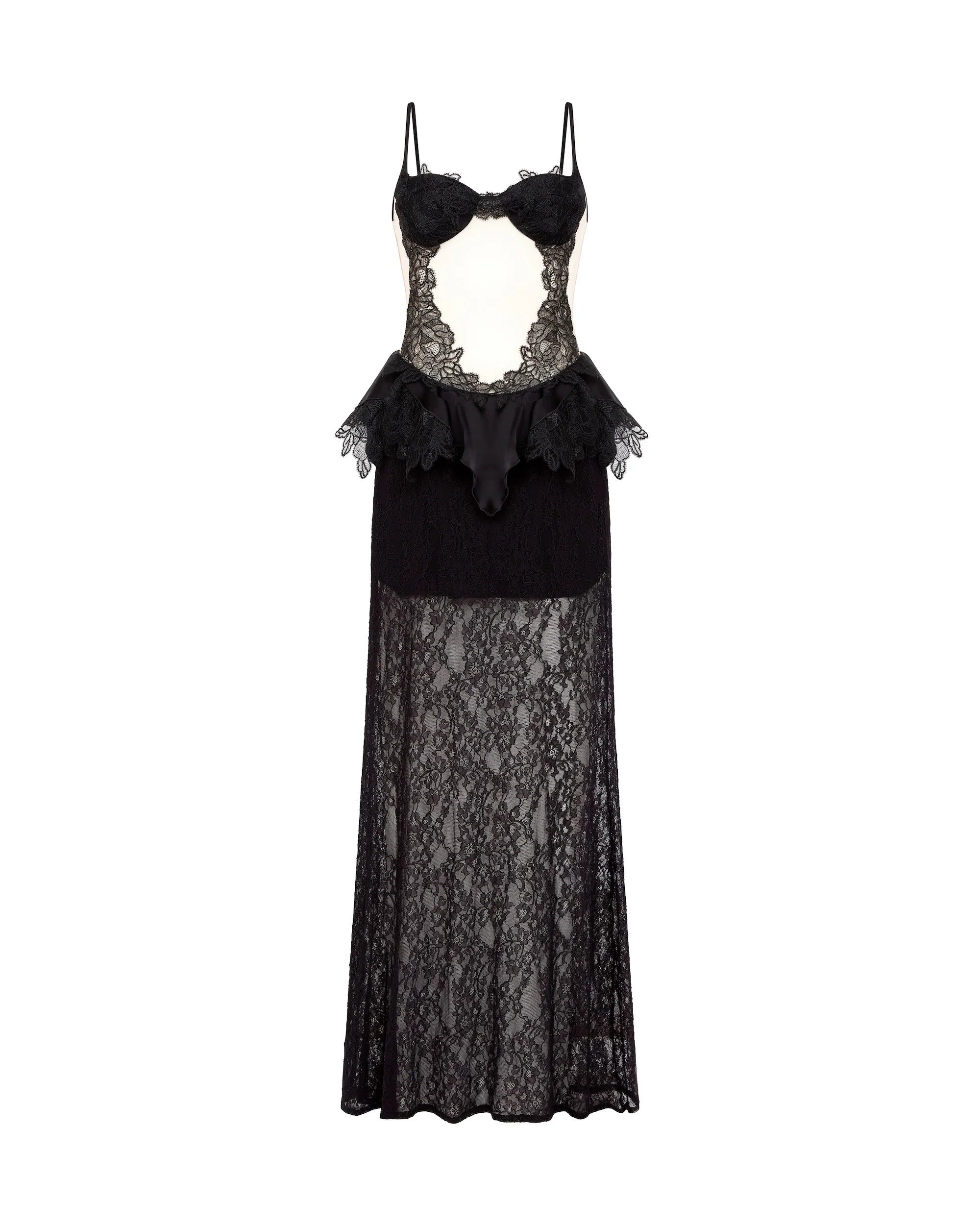 PEPLUM LACE GOWN IN BLACK