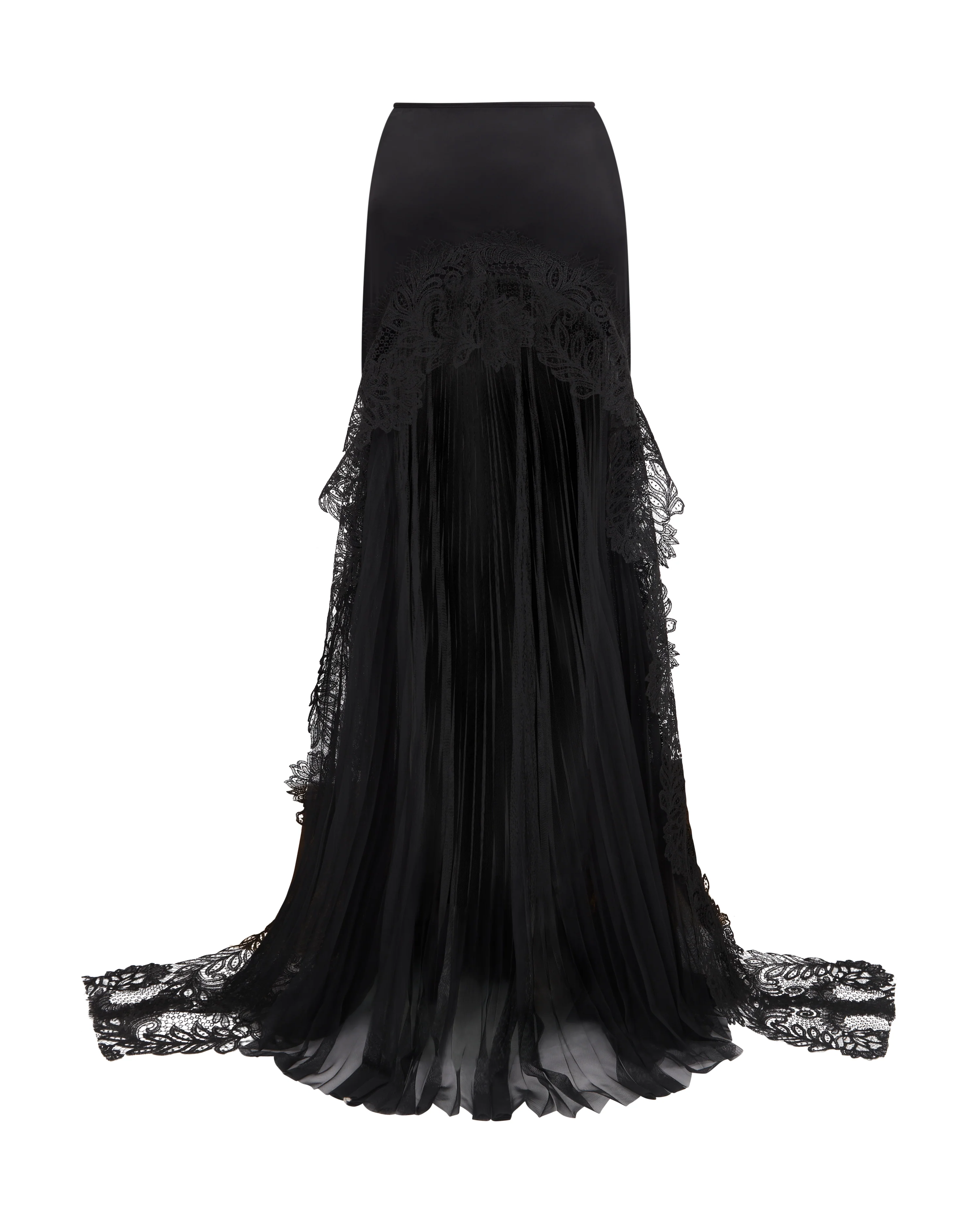 PLEATED TULLE AND LACE MAXI SKIRT