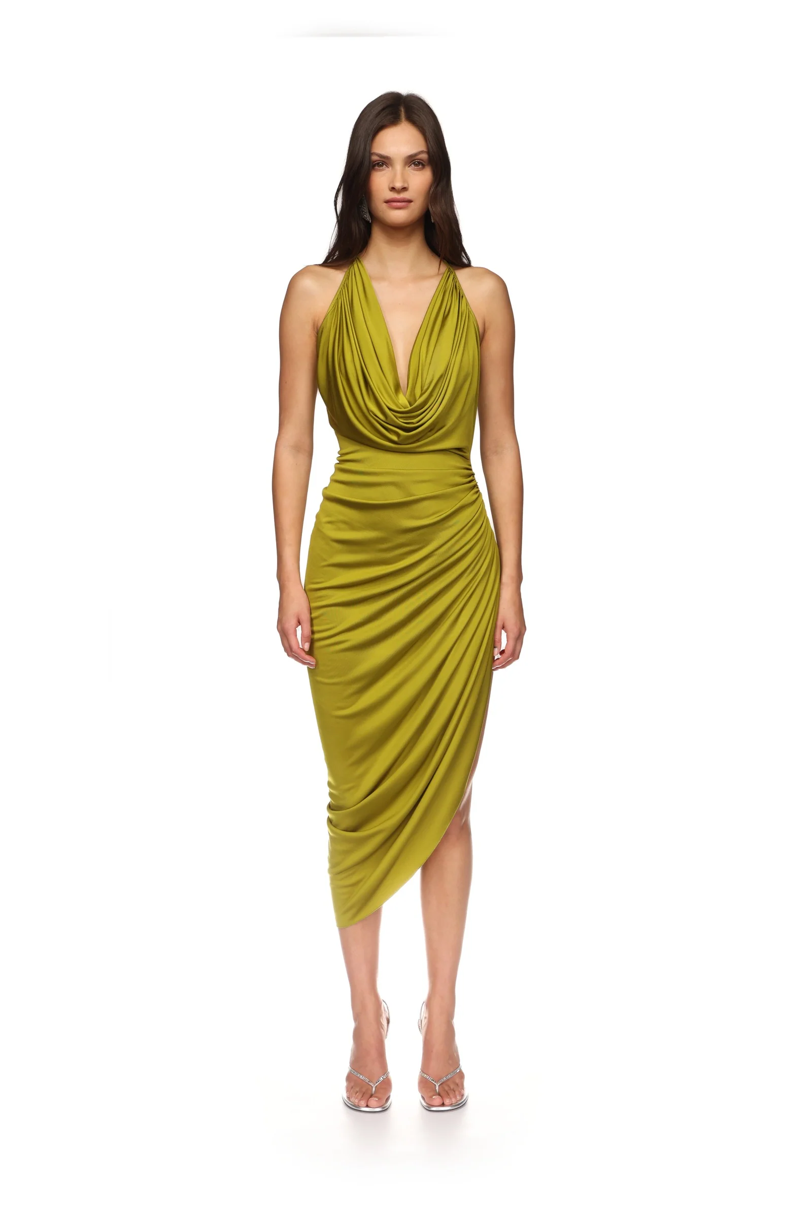 PLUNGE NECKLINE RUCHED MIDI DRESS - Image 2