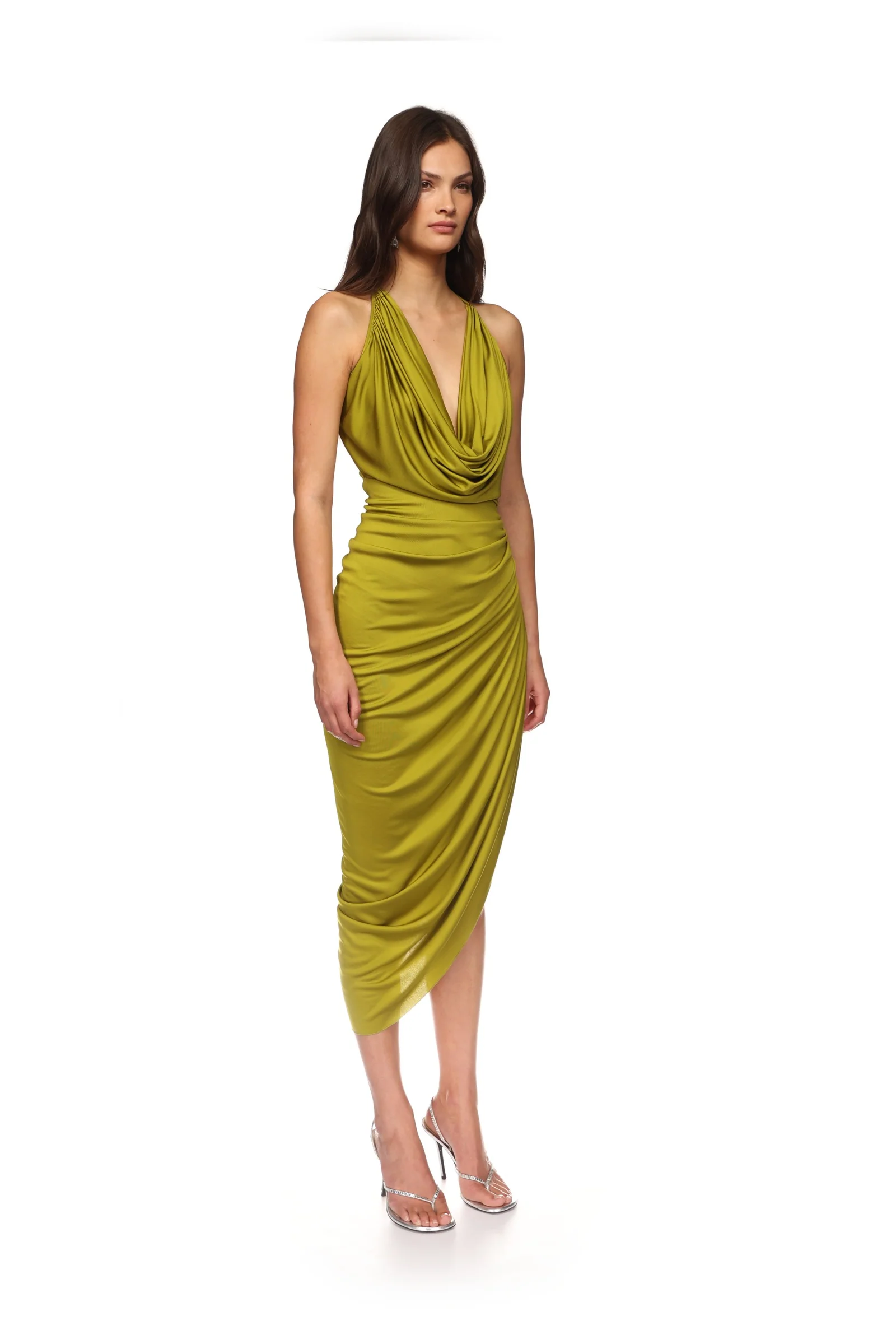 PLUNGE NECKLINE RUCHED MIDI DRESS - Image 4
