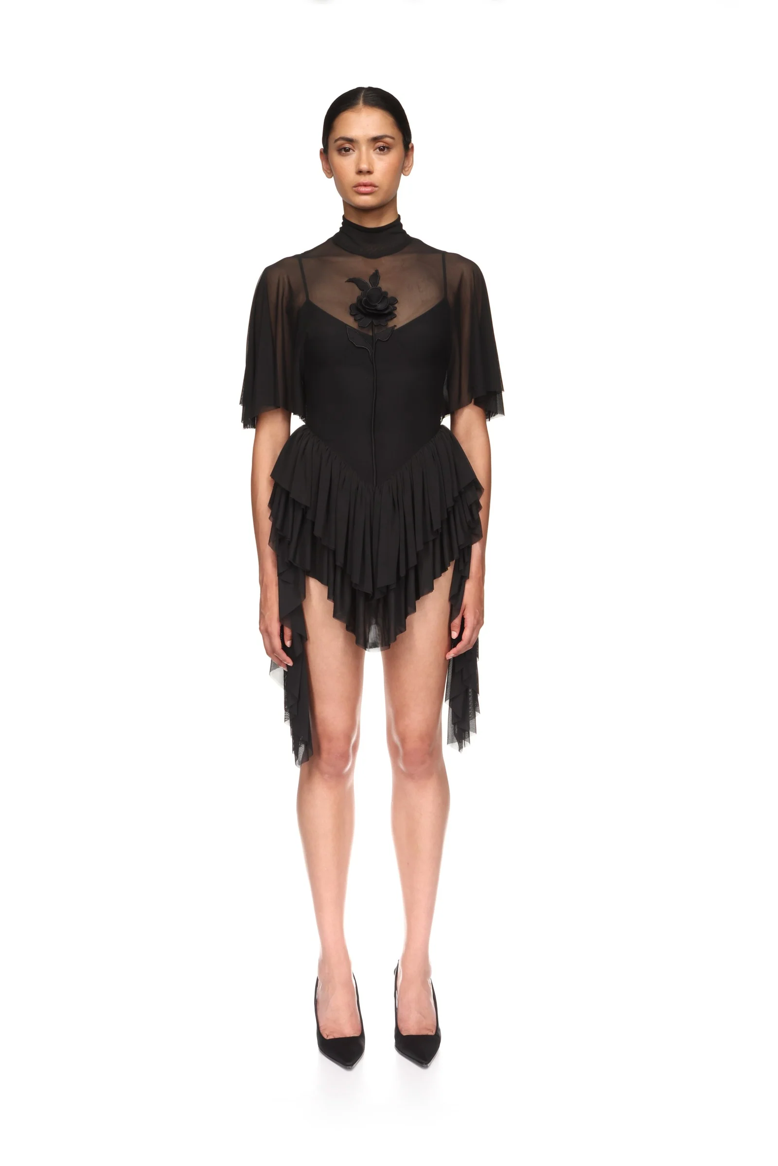 LACE ROSE AND DRAPED SLEEVE MINI DRESS - Image 2