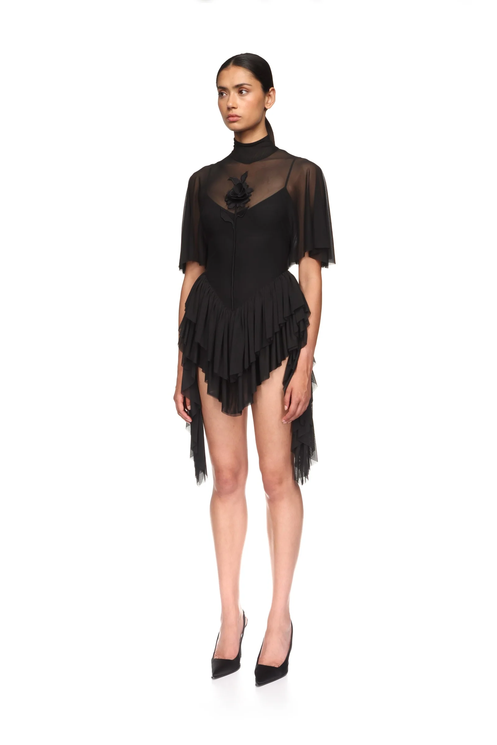 LACE ROSE AND DRAPED SLEEVE MINI DRESS - Image 3