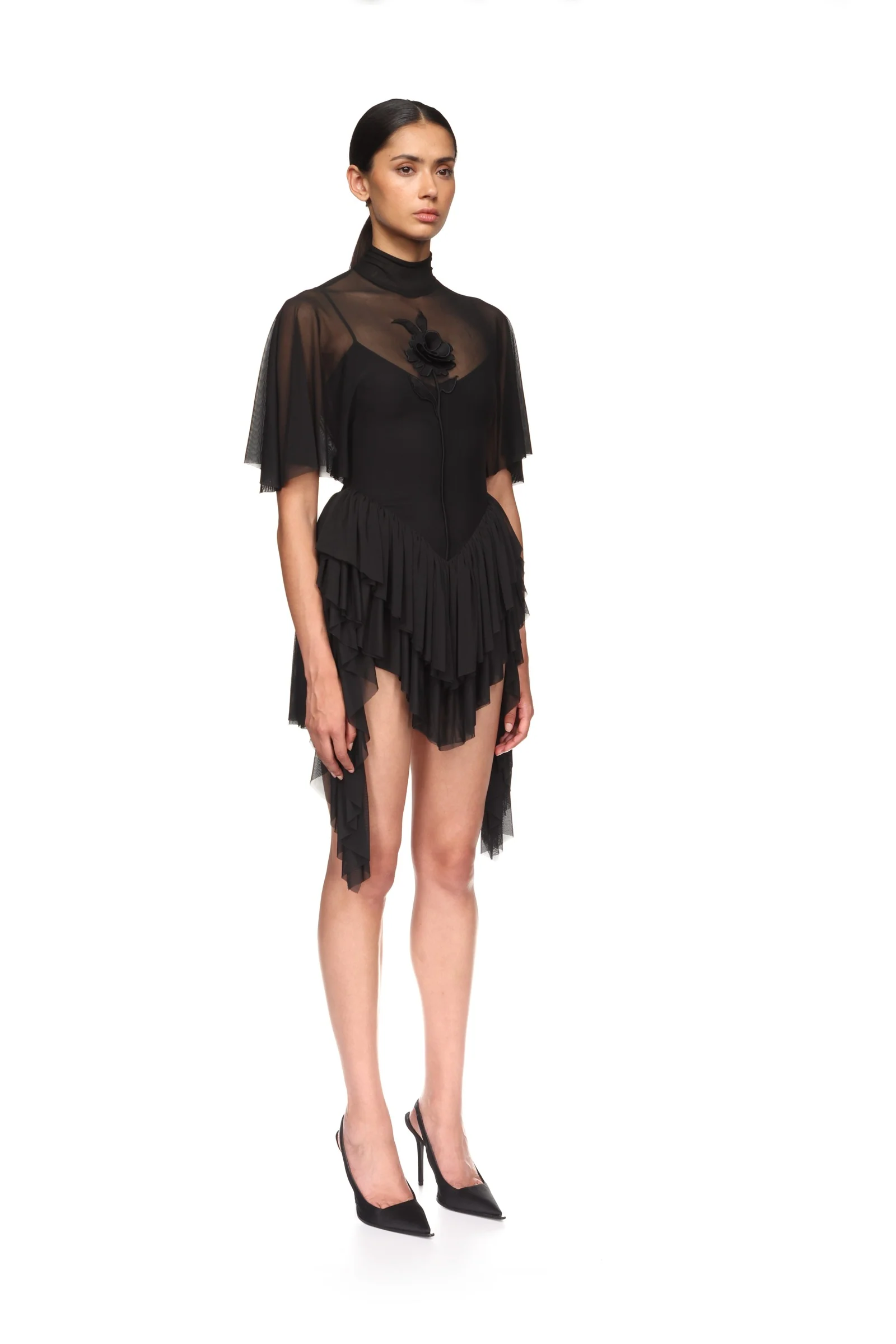 LACE ROSE AND DRAPED SLEEVE MINI DRESS - Image 4