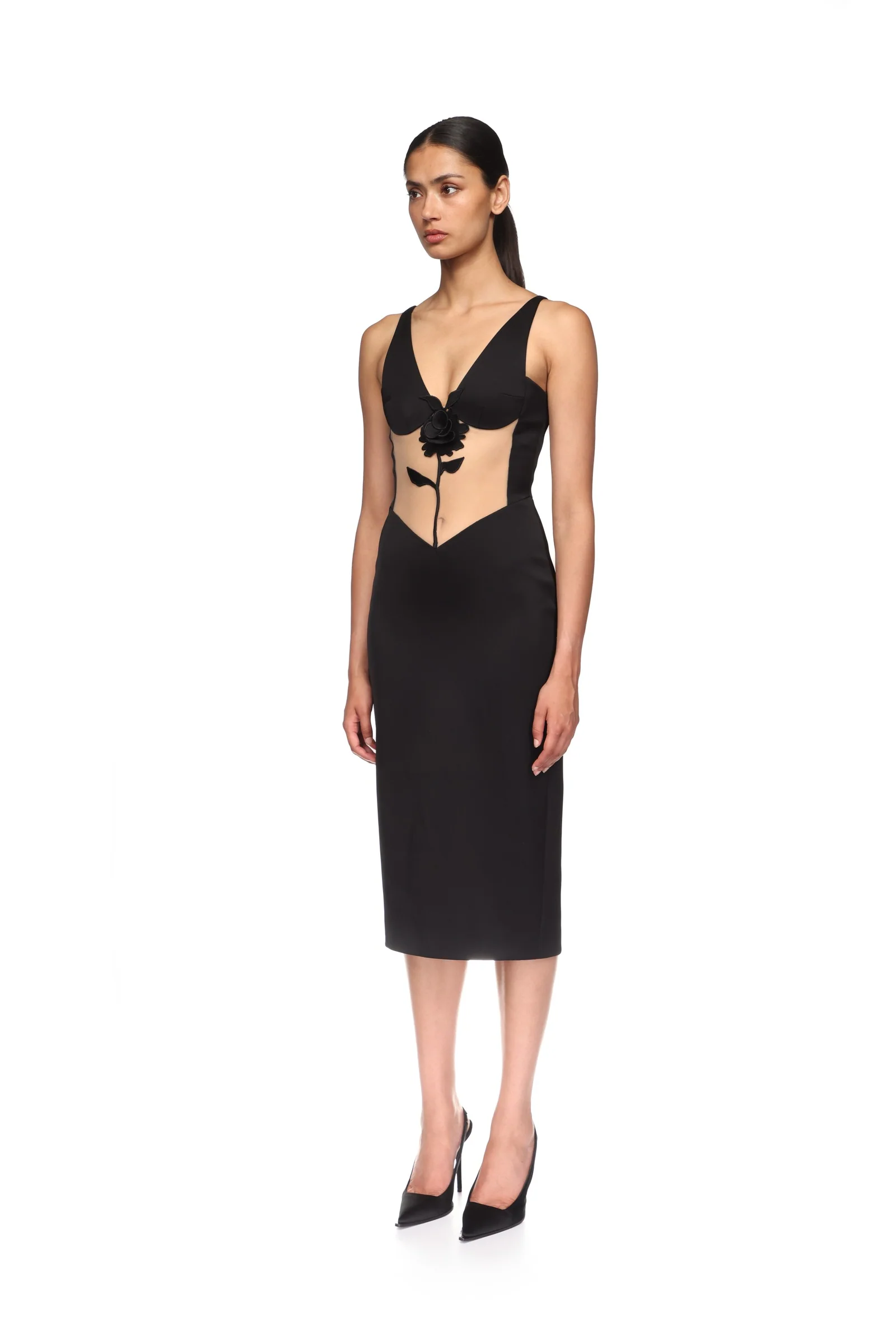 LACE ROSE AND TULLE INSERT MIDI DRESS - Image 3