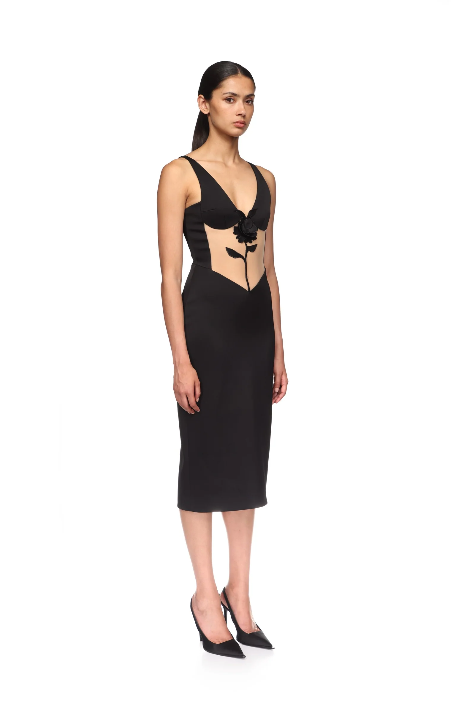 LACE ROSE AND TULLE INSERT MIDI DRESS - Image 4