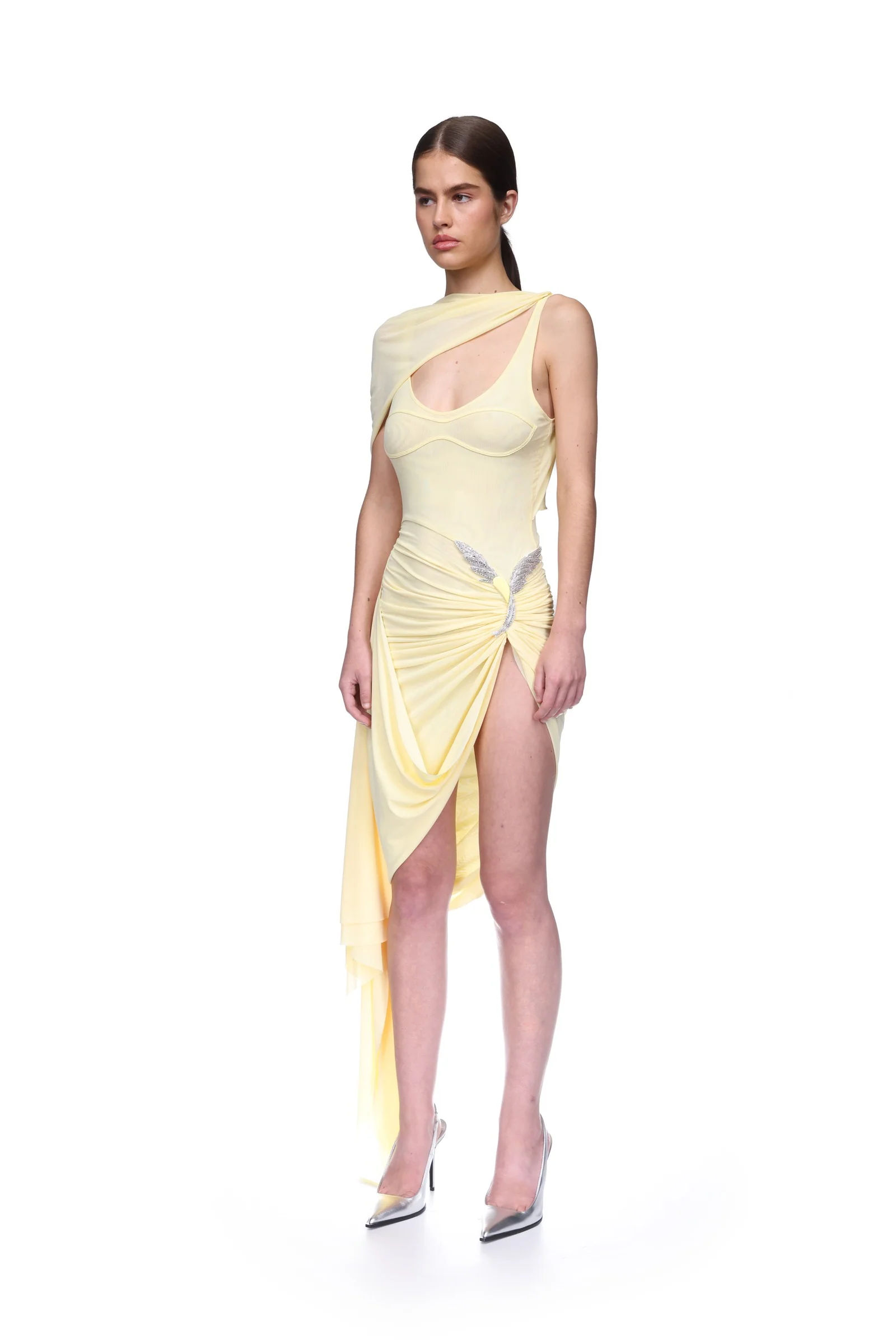 RUCHED ASYMMETRIC MIDI DRESS WITH CRYSTAL HUMMINGBIRD - Image 3