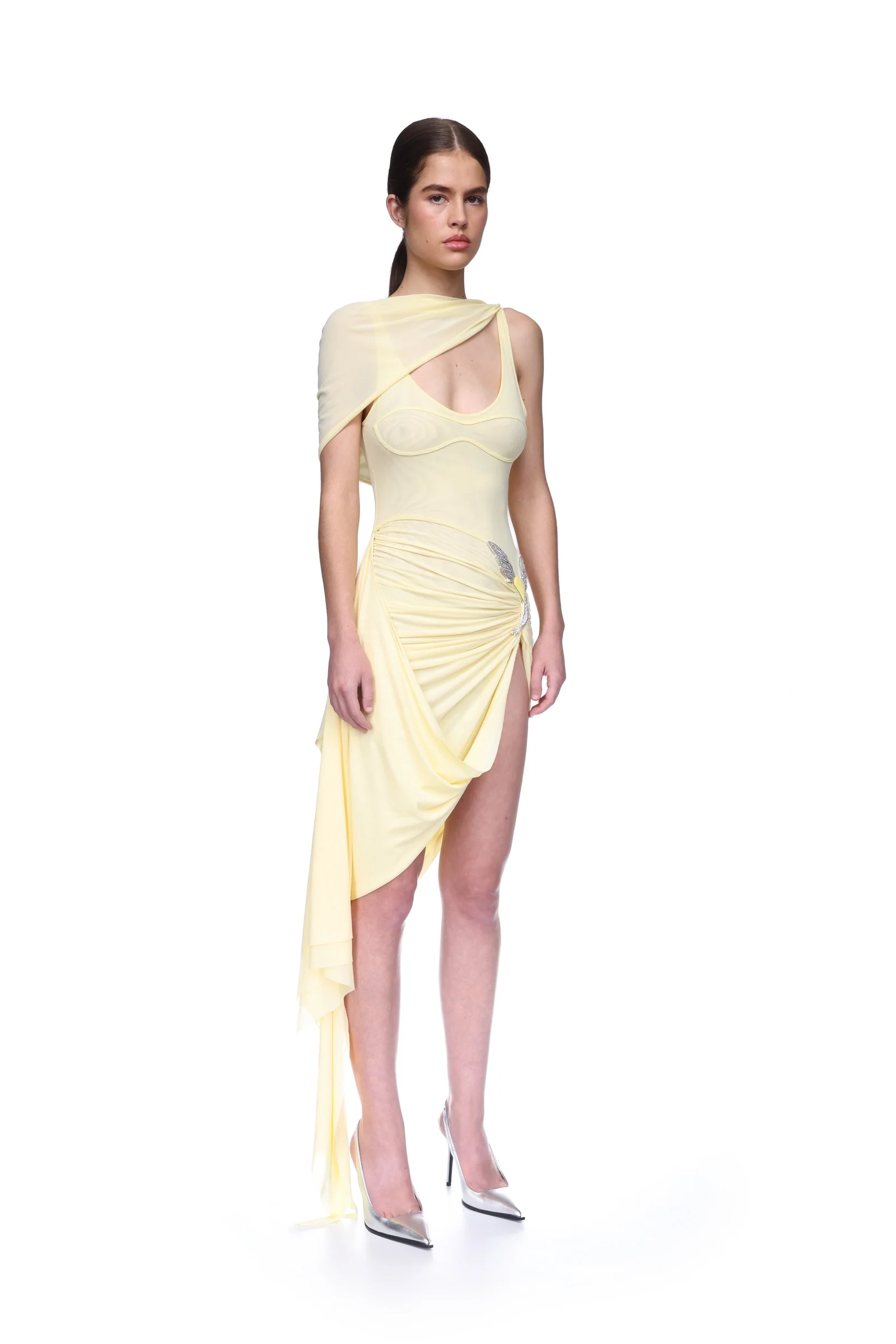 RUCHED ASYMMETRIC MIDI DRESS WITH CRYSTAL HUMMINGBIRD - Image 4