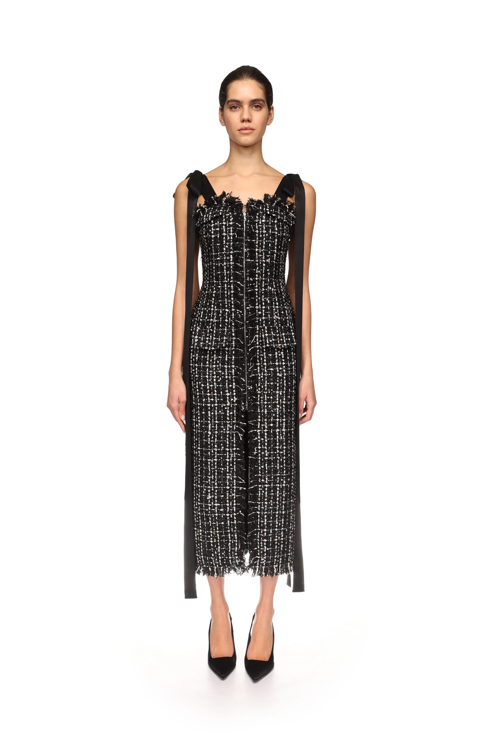 SATIN BOW AND TWEED MIDI DRESS - Image 2