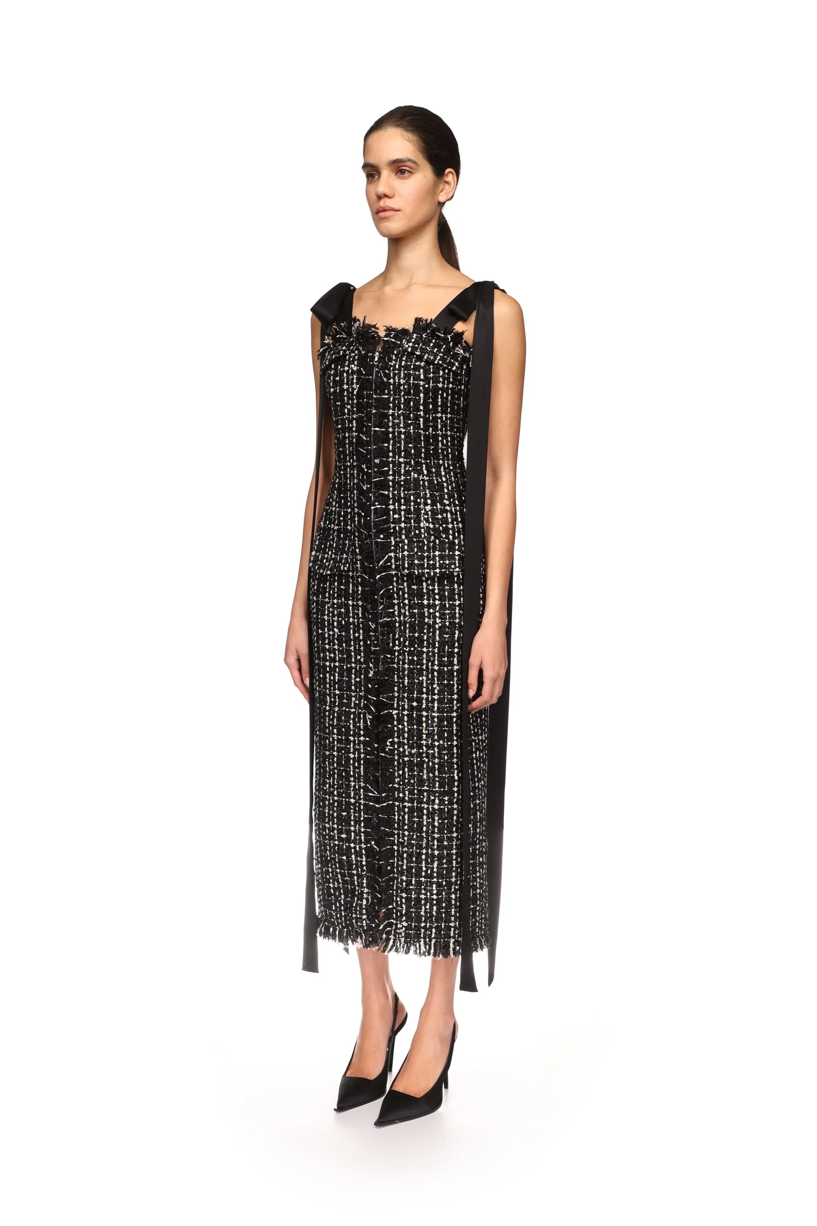 SATIN BOW AND TWEED MIDI DRESS - Image 3