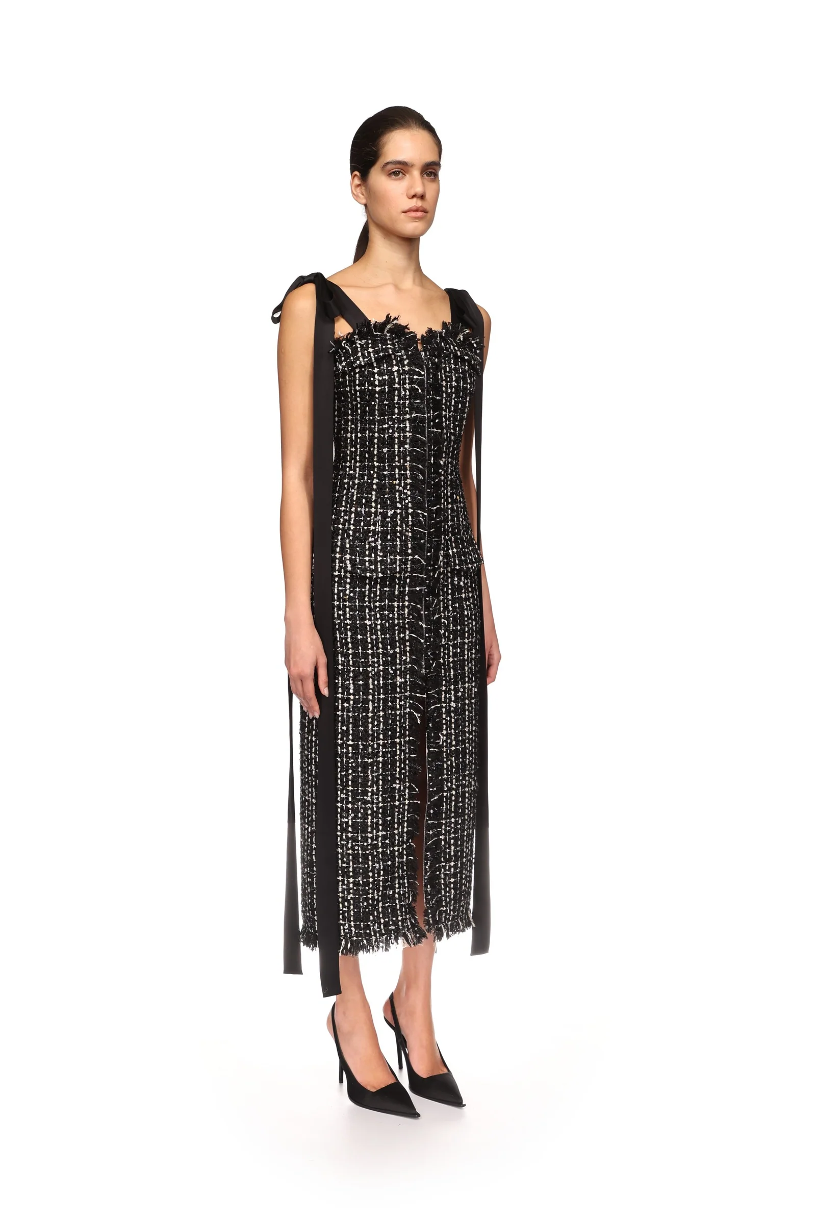 SATIN BOW AND TWEED MIDI DRESS - Image 4