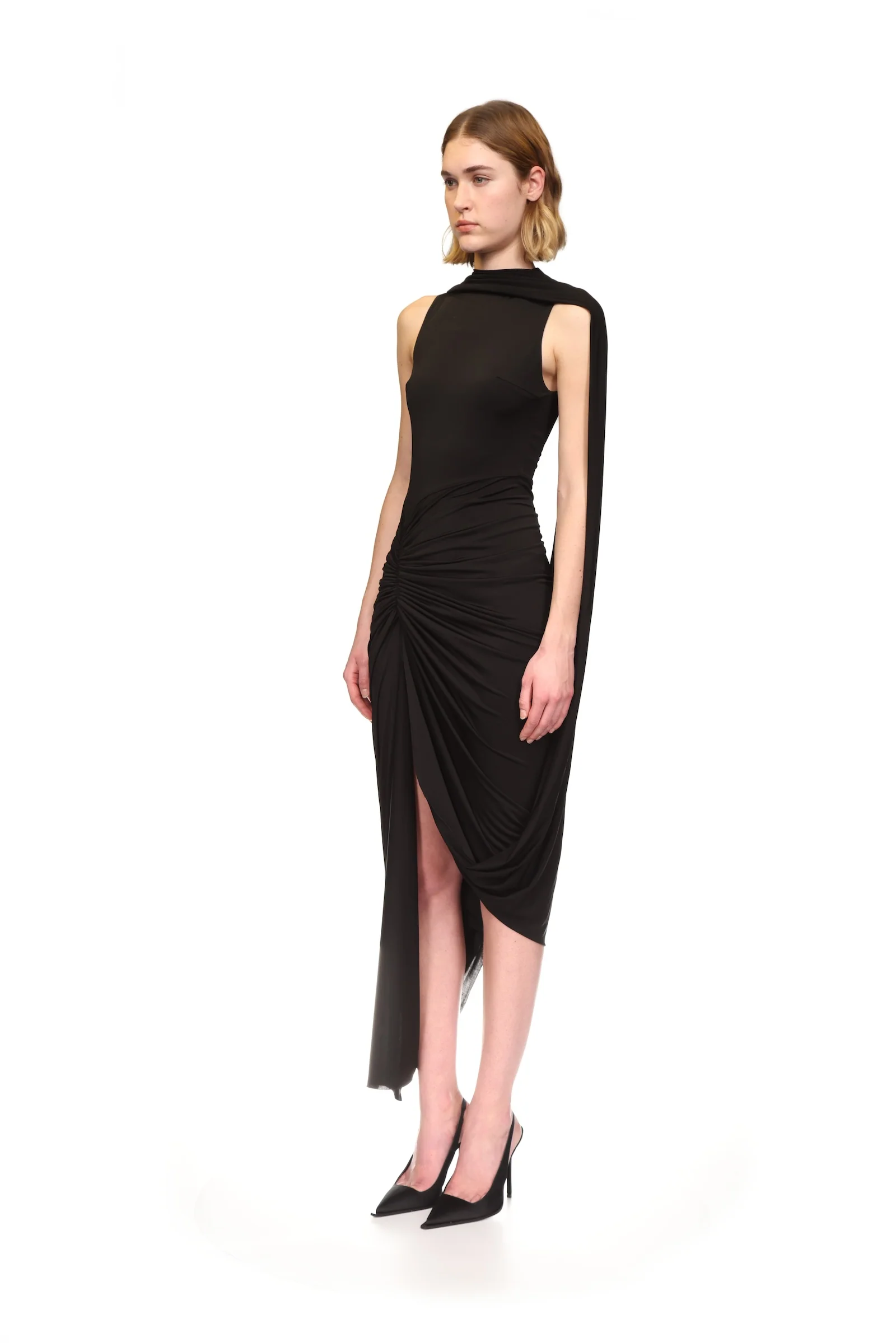 SCARF DETAIL RUCHED ASYMMETRIC MIDI DRESS - Image 3