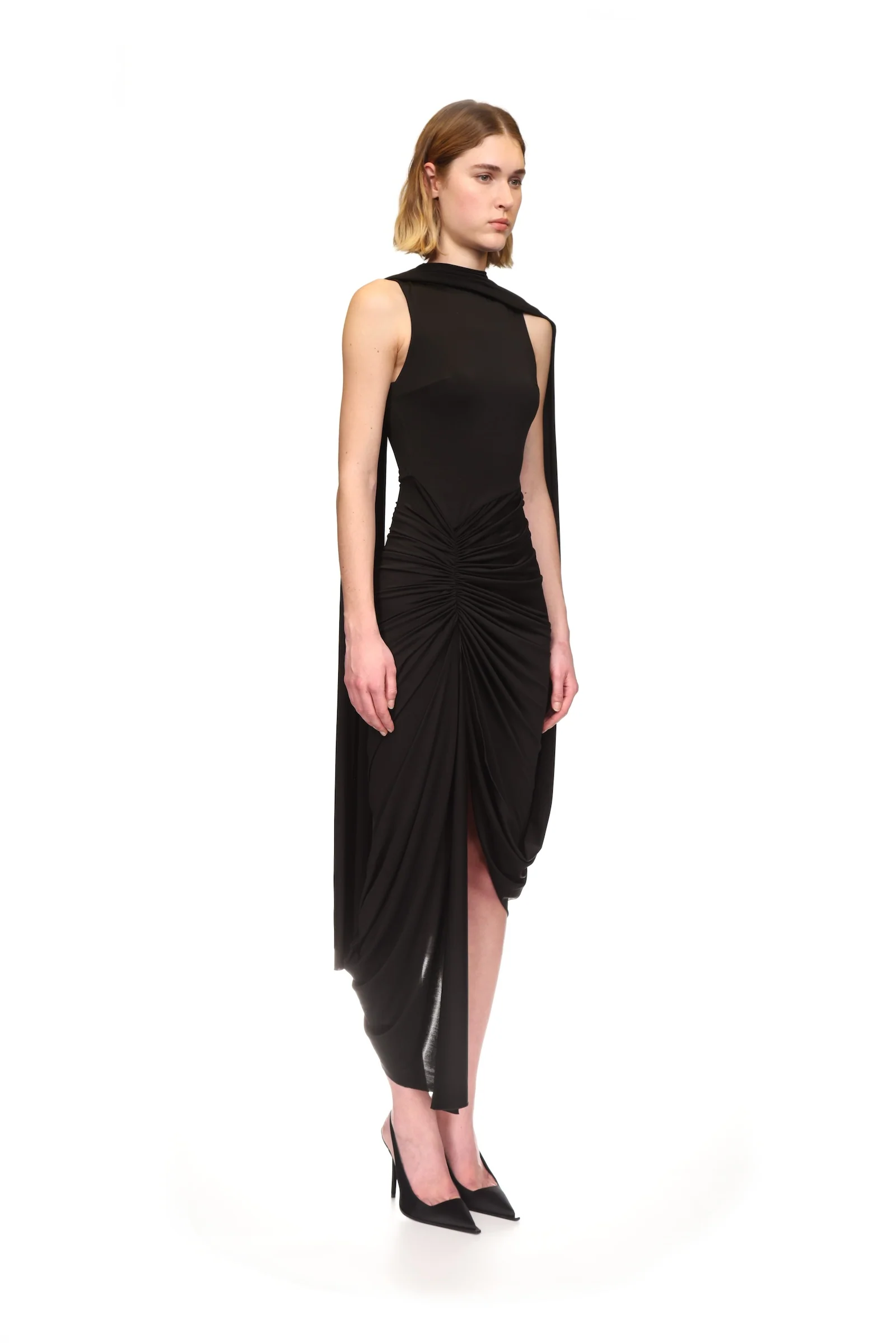 SCARF DETAIL RUCHED ASYMMETRIC MIDI DRESS - Image 4
