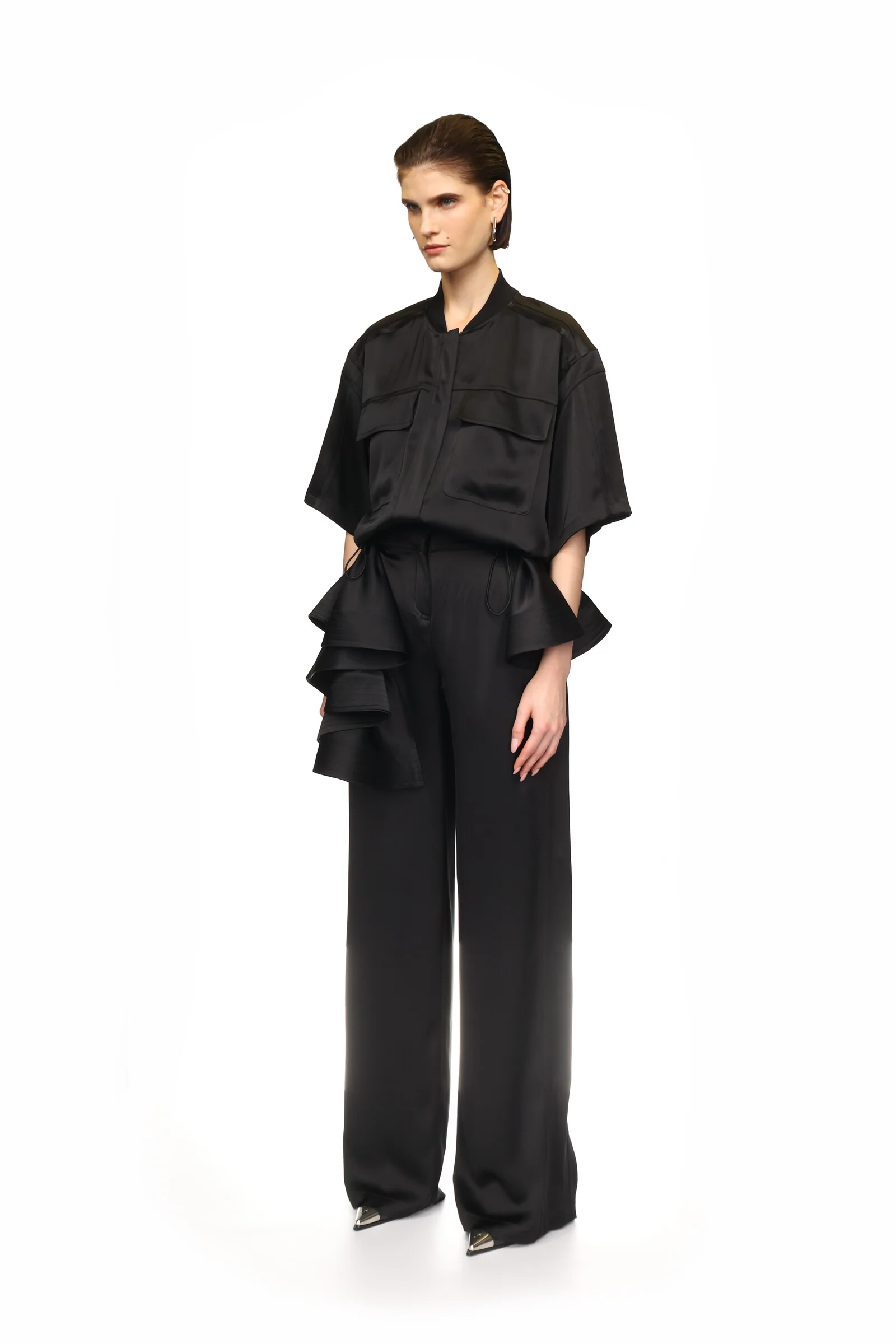 BLACK SATIN SHIRT JUMPSUIT - Image 3