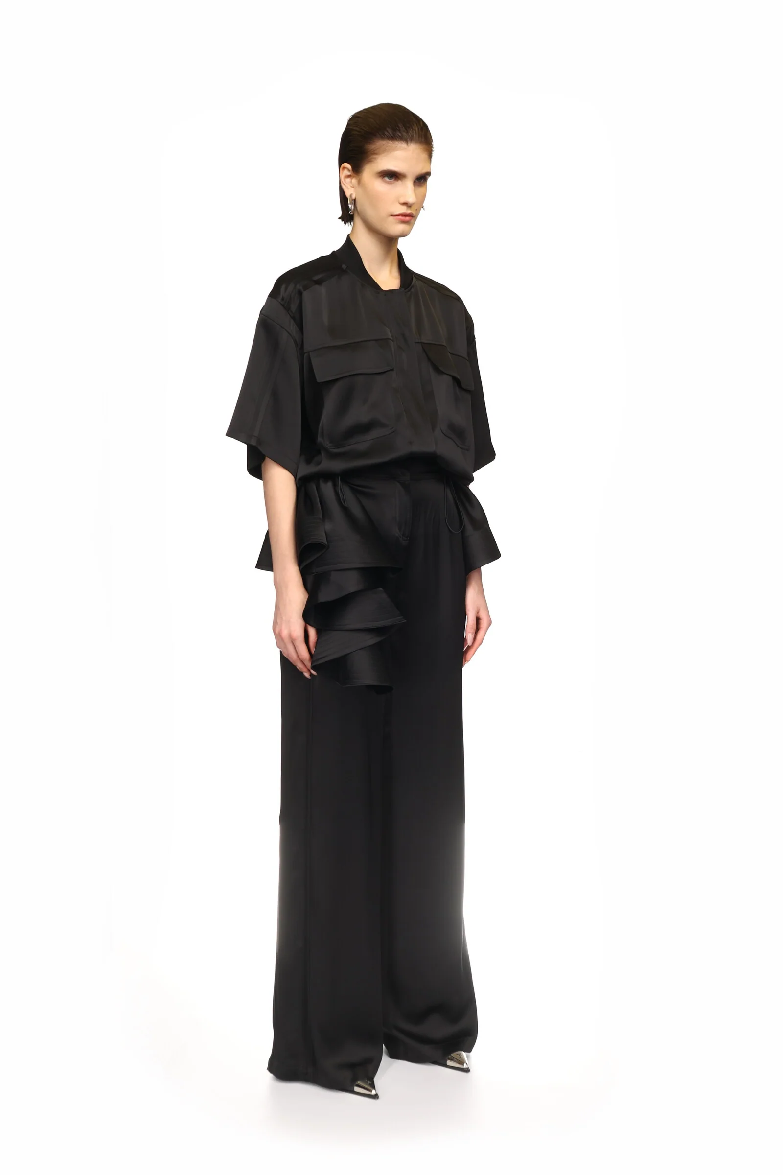 BLACK SATIN SHIRT JUMPSUIT - Image 4