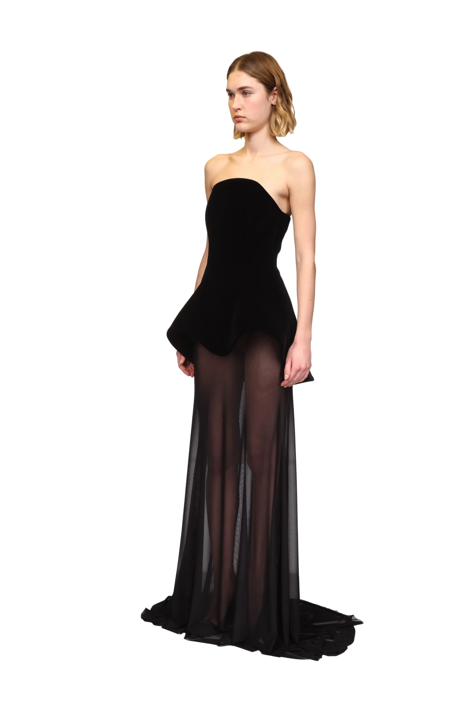 STRAPLESS CURVED HEM GOWN WITH MESH SKIRT - Image 3