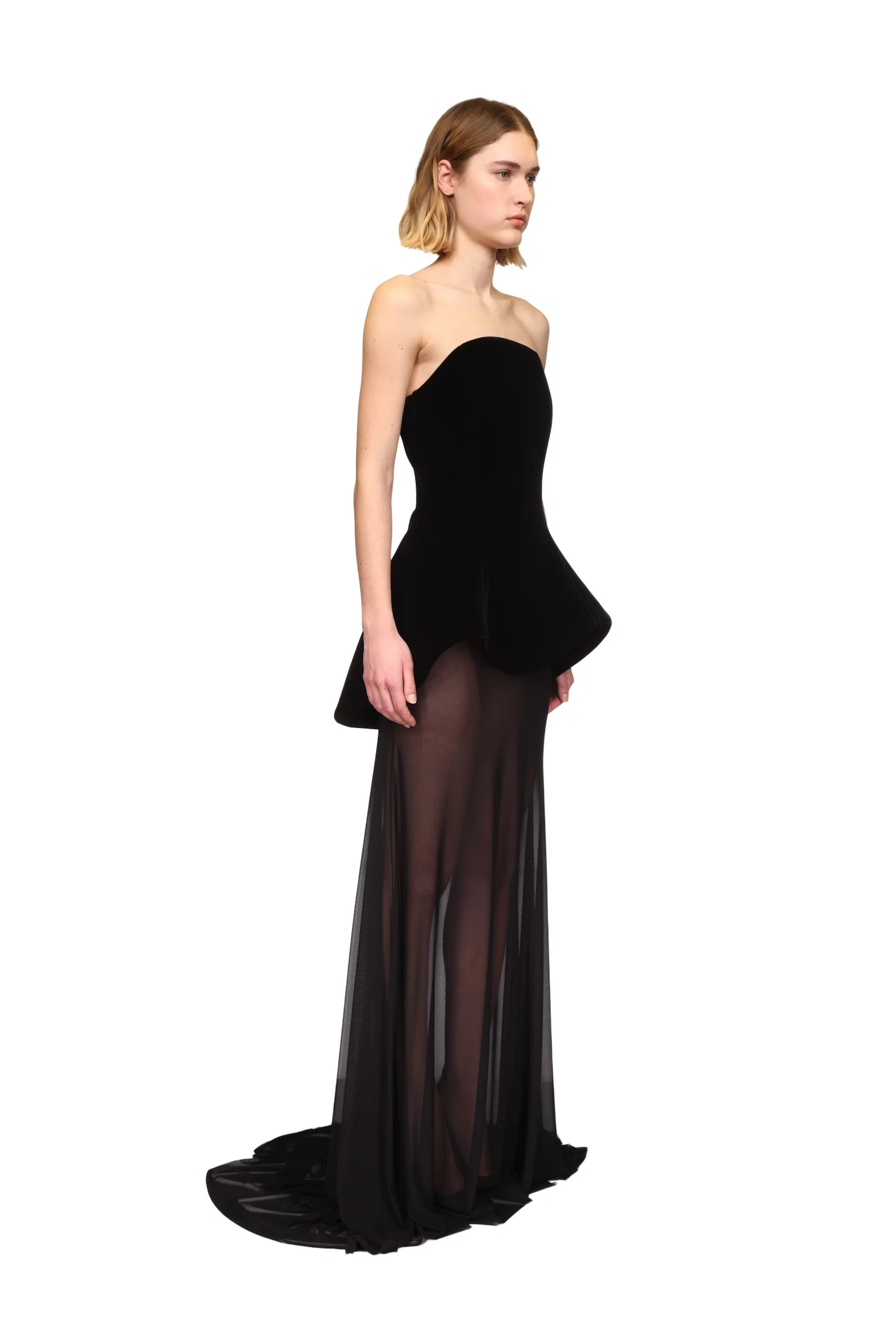 STRAPLESS CURVED HEM GOWN WITH MESH SKIRT - Image 4