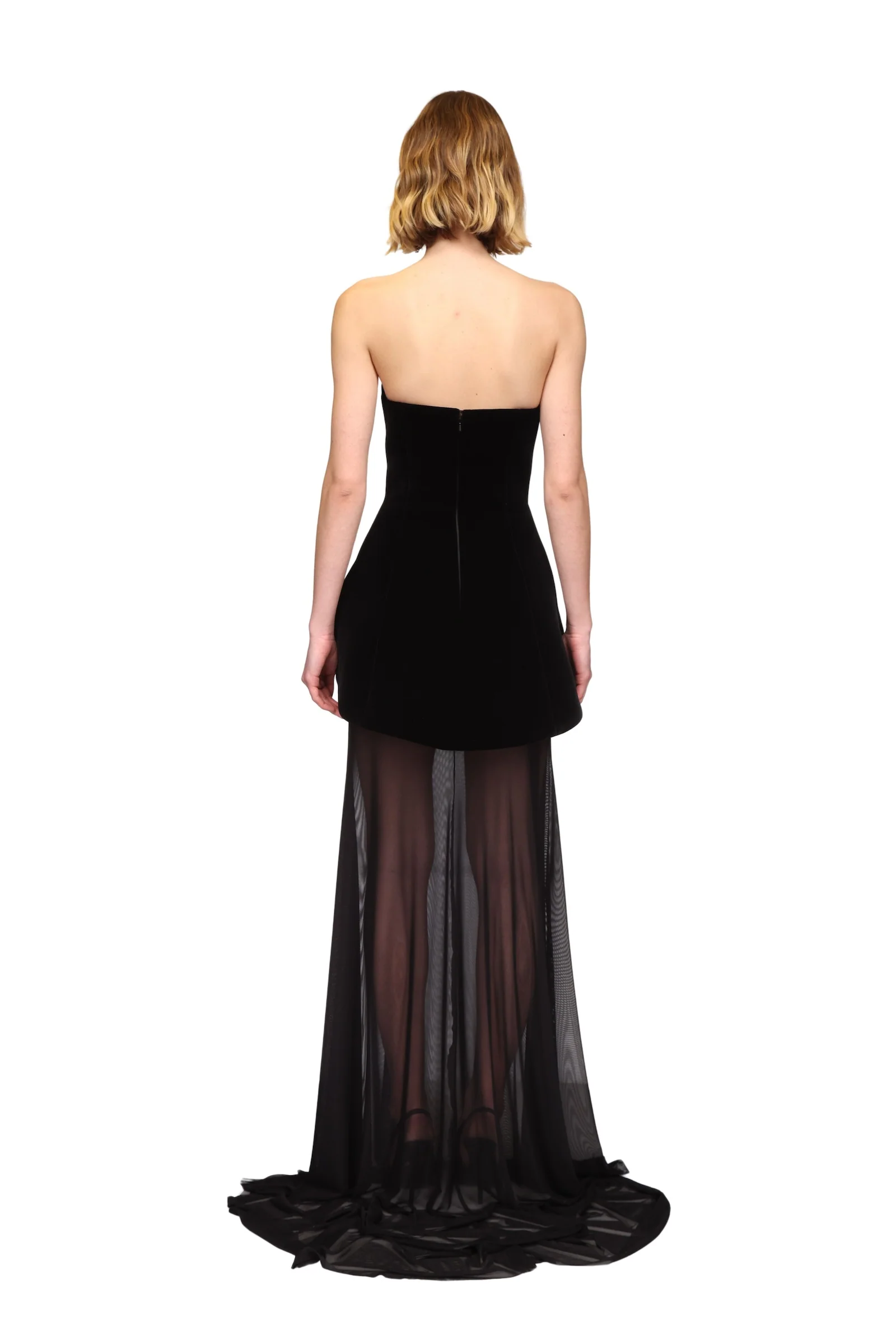STRAPLESS CURVED HEM GOWN WITH MESH SKIRT - Image 5