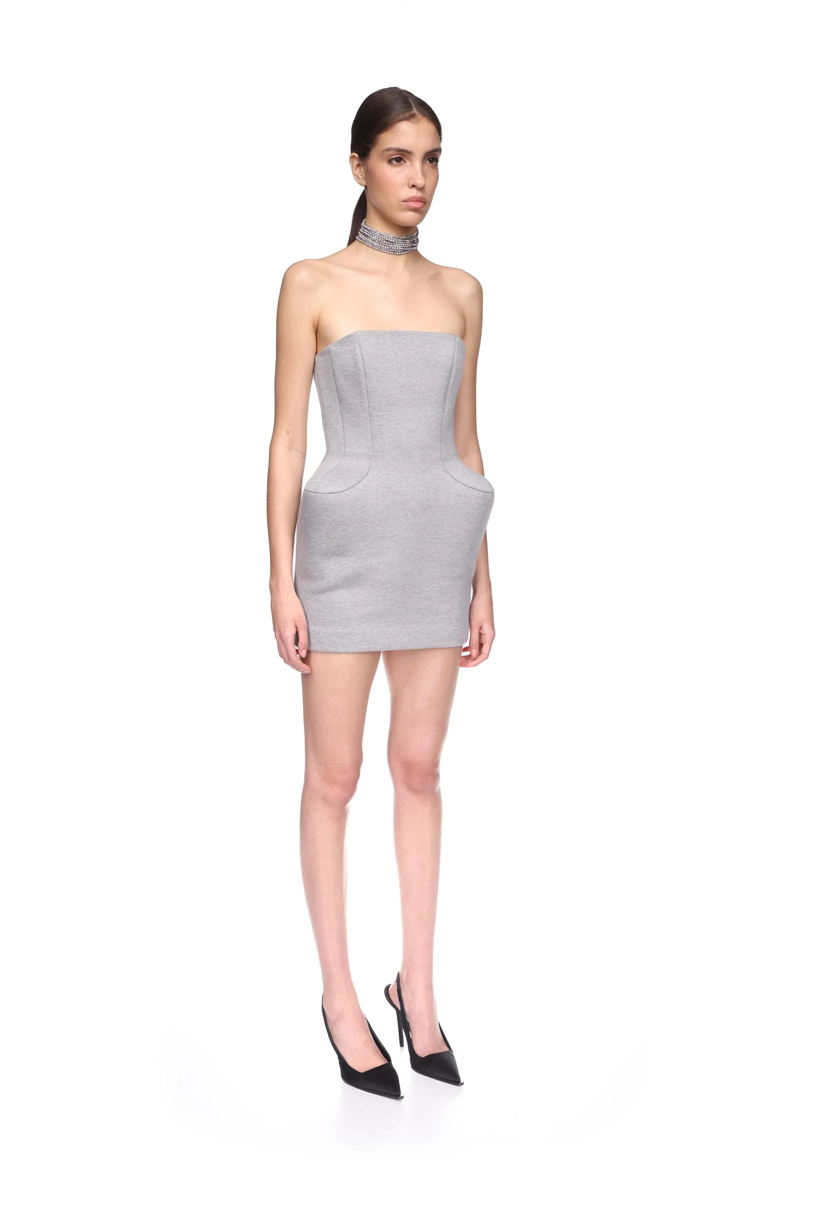 PADDED HIP DETAIL STRAPLESS MINI DRESS IN GREY - Image 4