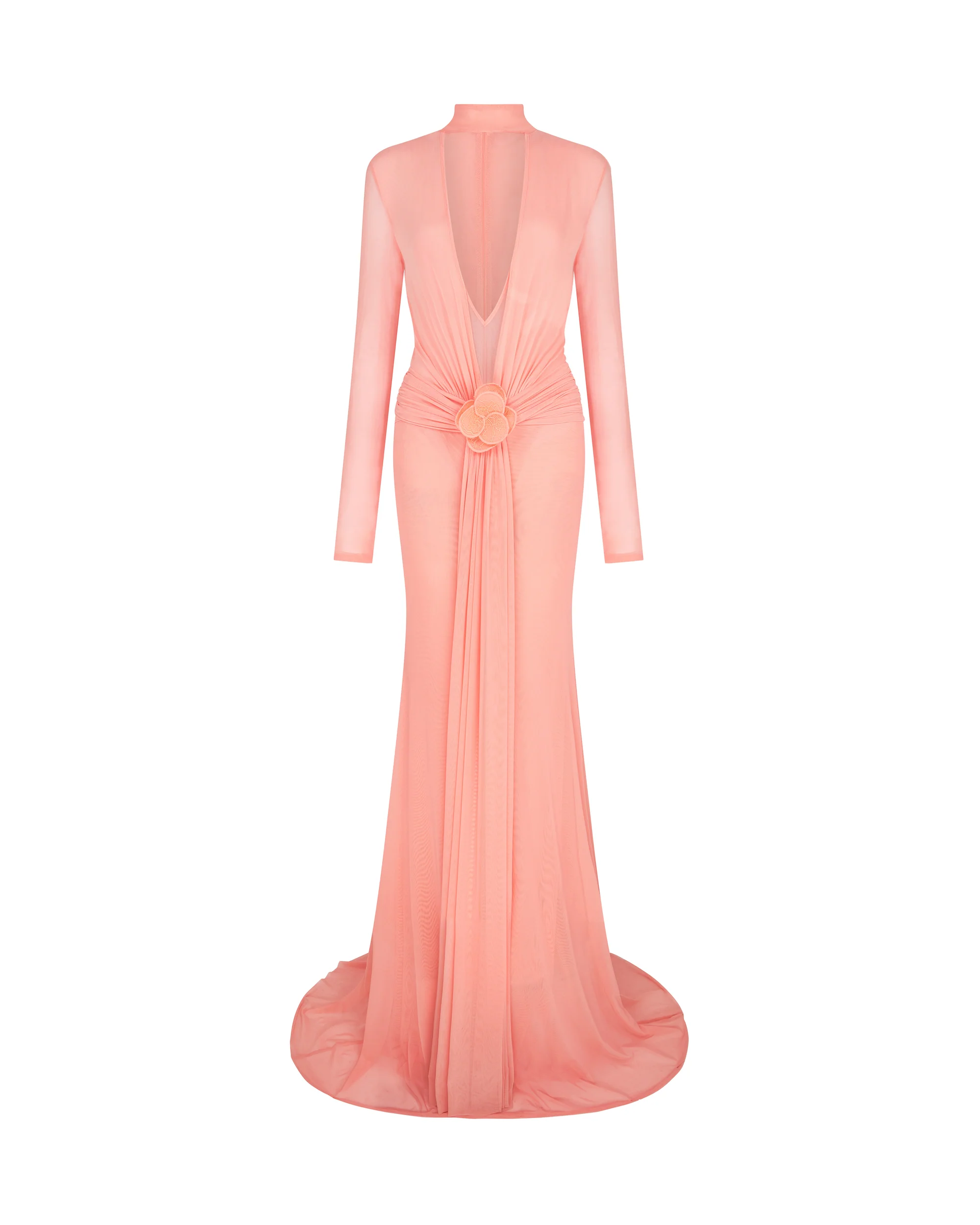 LACE FLOWER PLUNGE GOWN IN PEACH